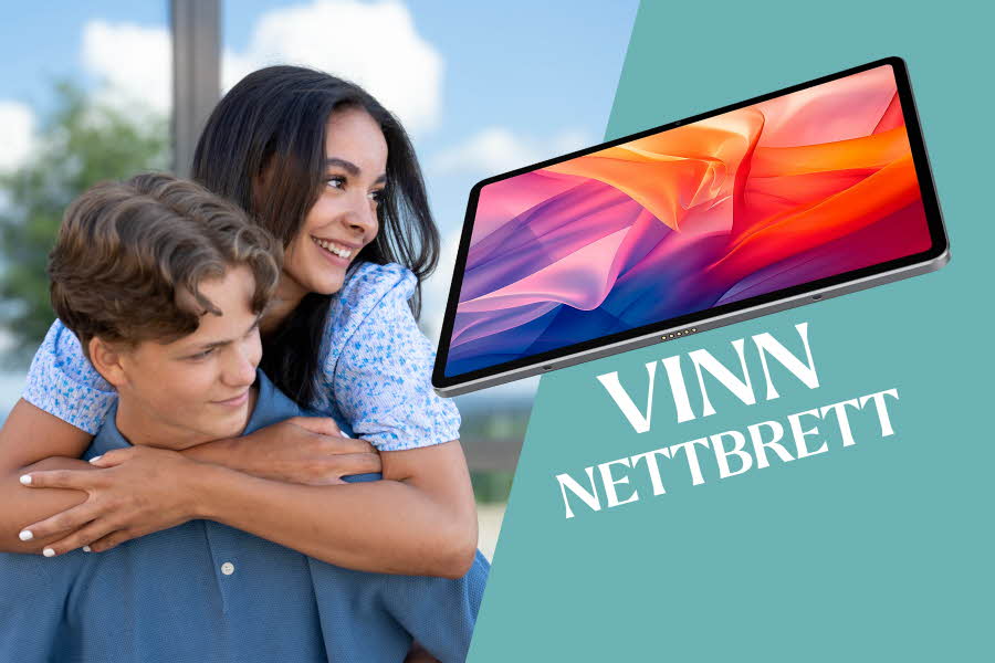 Bilde av ungdommer + nettbrett med teksten vinn nettbrett