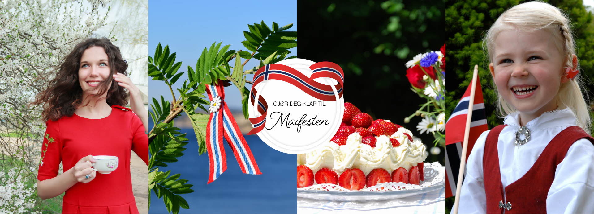 17. mai stemningsbilde med glade mennesker, flagg og kake
