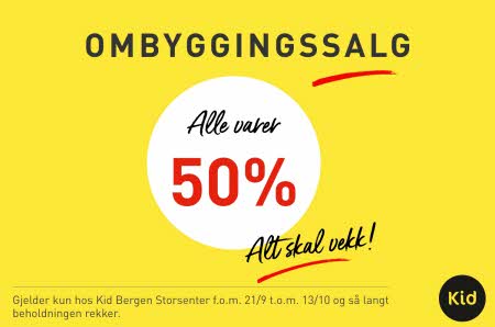 Plakat med teksten ombyggingssalg Kid 21/9-13/10