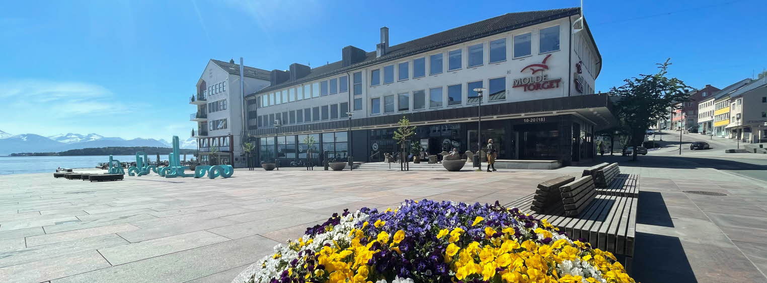 Fasadebilde av kjøpesenteret MoldeTorget. Bildet viser kjøpesenteret i bakgrunnen med sjø, blomster og kunst i forgrunnen.