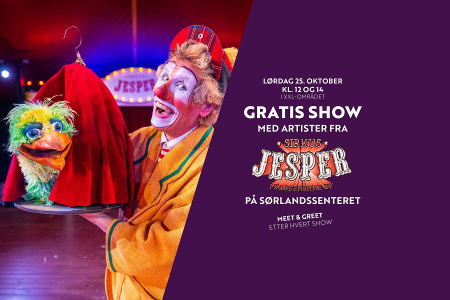 Lilla bakgrunn med klovn og fugl med tekst "GRATIS SHOW med Sirkus Jesper"