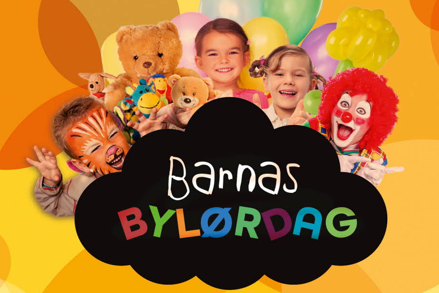 Barn som smiler, klovn, bamser og teksten "Barnas bylørdag"