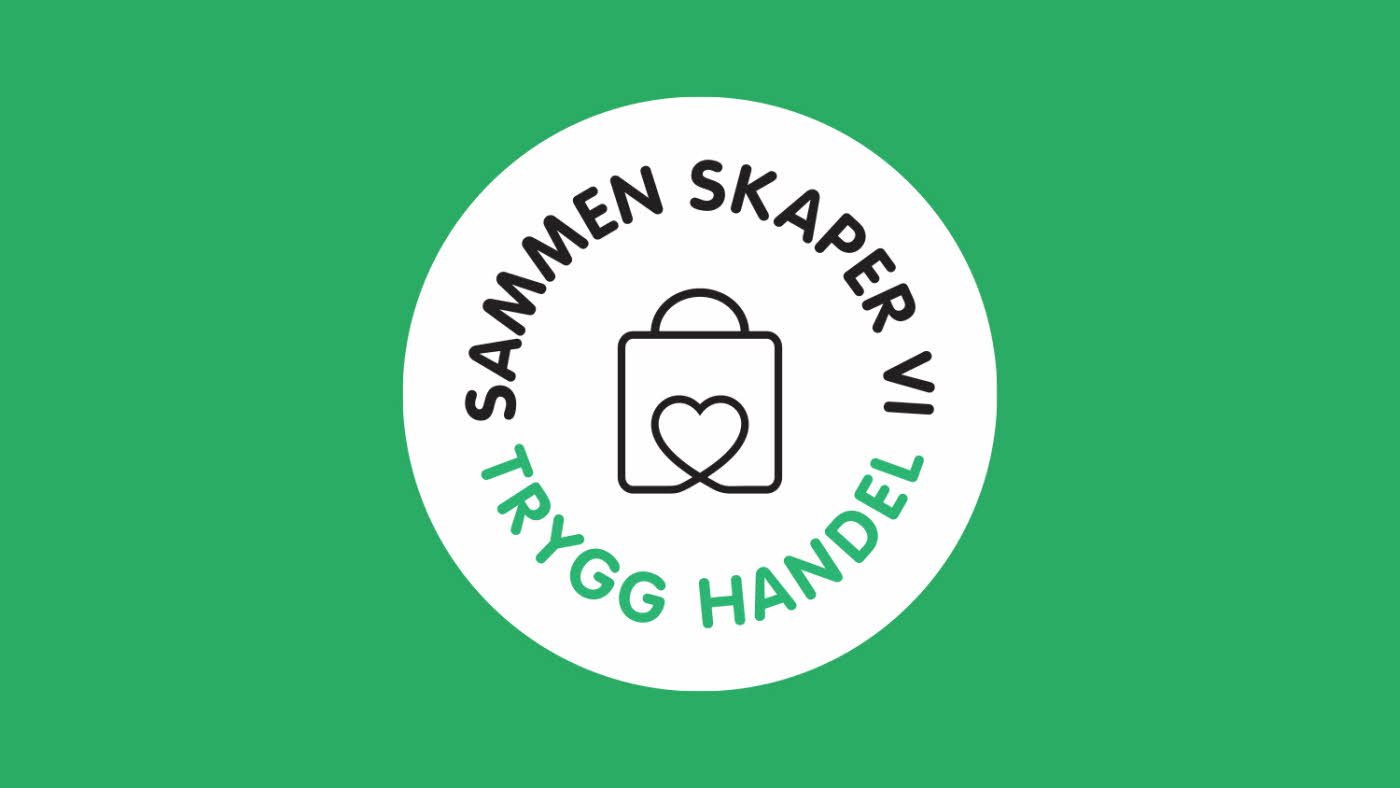 Trygg handel-logo med teksten "sammen skaper vi trygg handel" på grønn bakgrunn