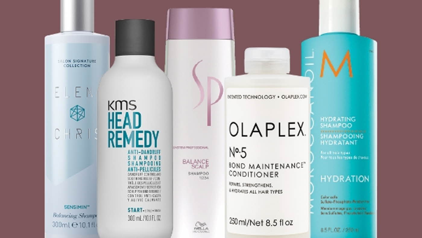 produktbilder av kms, olaplex, moroccanoil, sp