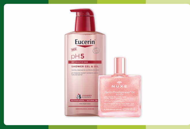 Eucerin pH5 dusjprodukter og Nuxe tørr olje med gullskimmer.