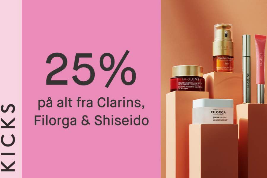 Bilde av produkter fra Clarins, Filorga og Shiseido med tekst "25% på alt fra Clarins, Filorga og Shiseido"