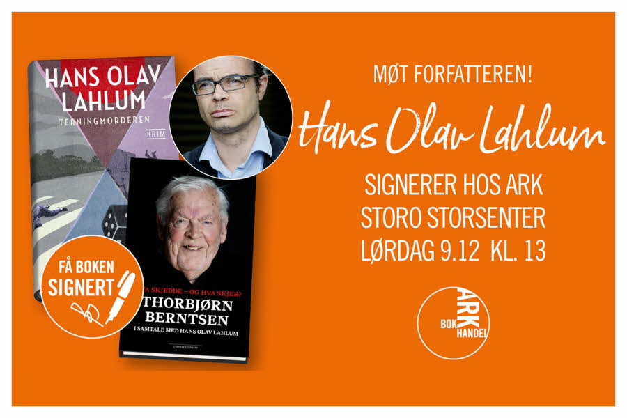 Bokomslaget til bøkene av Hans Olav Lahlum og teksten om boksignering hos Ark