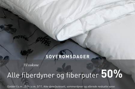 Bilde av fiberdyne med tekst "alle fiberdyner og fiberputer 50%"