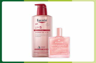 Eucerin pH5 dusjprodukter og Nuxe tørr olje med gullskimmer.