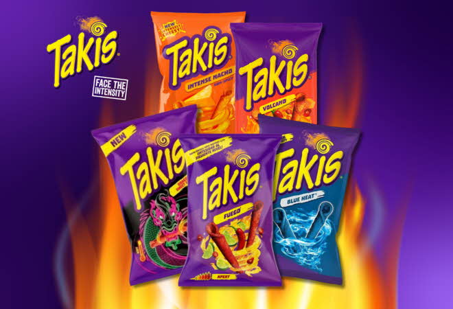 Flere varianter av Takis snacks.