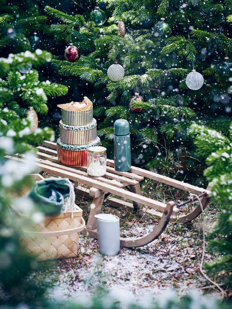 Miljøbilde fra Søstrene Grene, utendørs med kjelke, grantrær, termos og kakebokser
