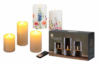 Fem LED-lys og en eske med tre LED-lanterner, samt en fjernkontroll.