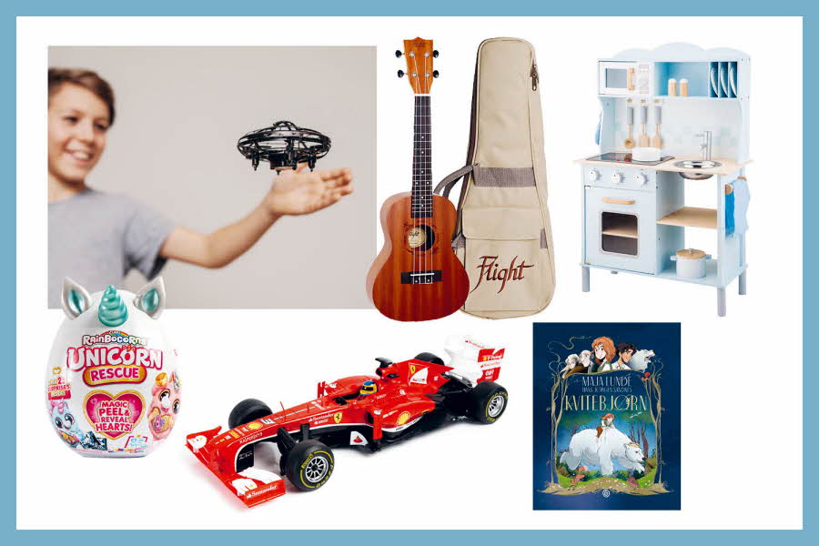 Bilde av gutt med drone, gitar for barn, lekekjøkken, rainbowunicorn, fjernstyrt bil og bok