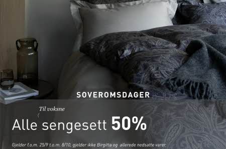 En oppredd seng med tekst "alle sengesett 50%"