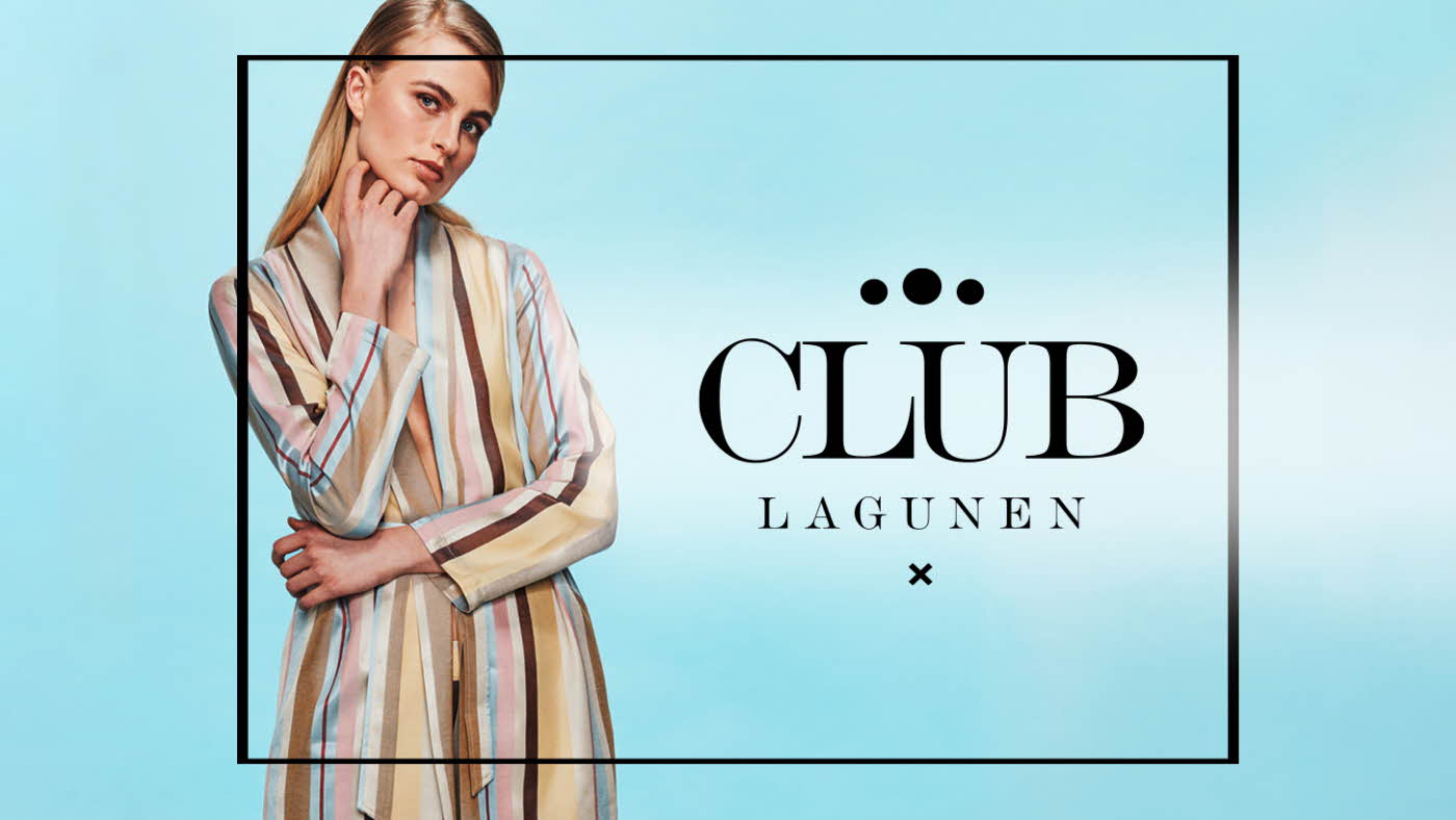 Dame i stripete overdel og blå bakgrunn hvor det står Club Lagunen