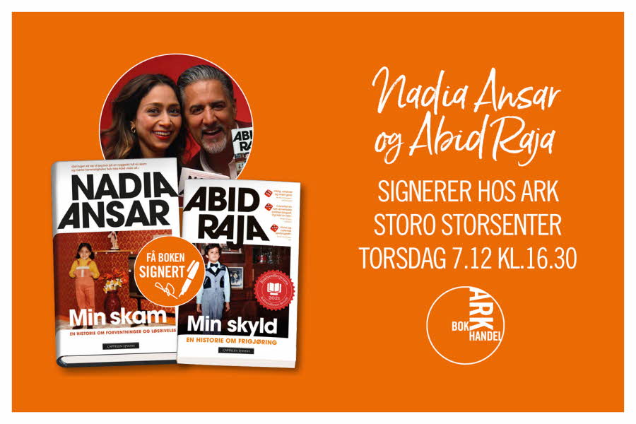 Bokomslagene til Nadia Ansar og Abid Raja og teksten boksignering hos Ark