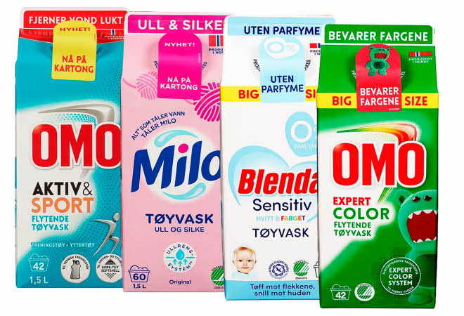 Fire ulike flytende vaskemidler for sportstøy, ull og silke, sensitiv hud og farget tøy