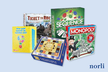 Spillene: "Alle mot alle", "Hvor godt kjenner du familien din?", "ticket to ride", "Sequence" og "Monopoly"
