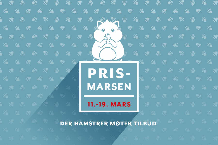 Grafisk bilde av en hamster og teksten "Pris-marsen, 11.-19. mars - Der hamsterer møter tilbud"