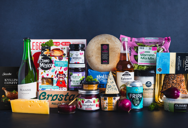 Bilde av diverse mat produkter som selges på Meny