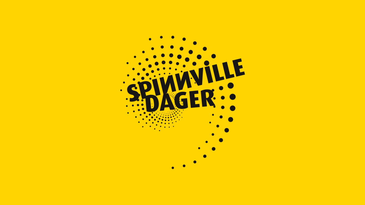 gul bakgrunn, svart tekst Spinnville dager med pynteprikker i sirkel