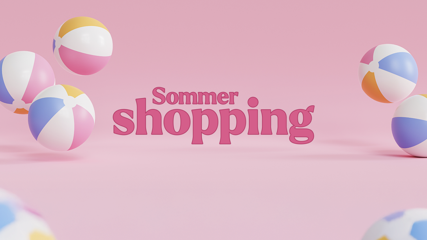 Grafisk bilde med badeballer og teksten "Sommershopping"