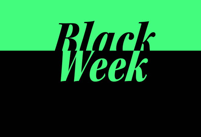 Grafisk bilde med svart og grønn bakgrunn med teksten "Black Week"