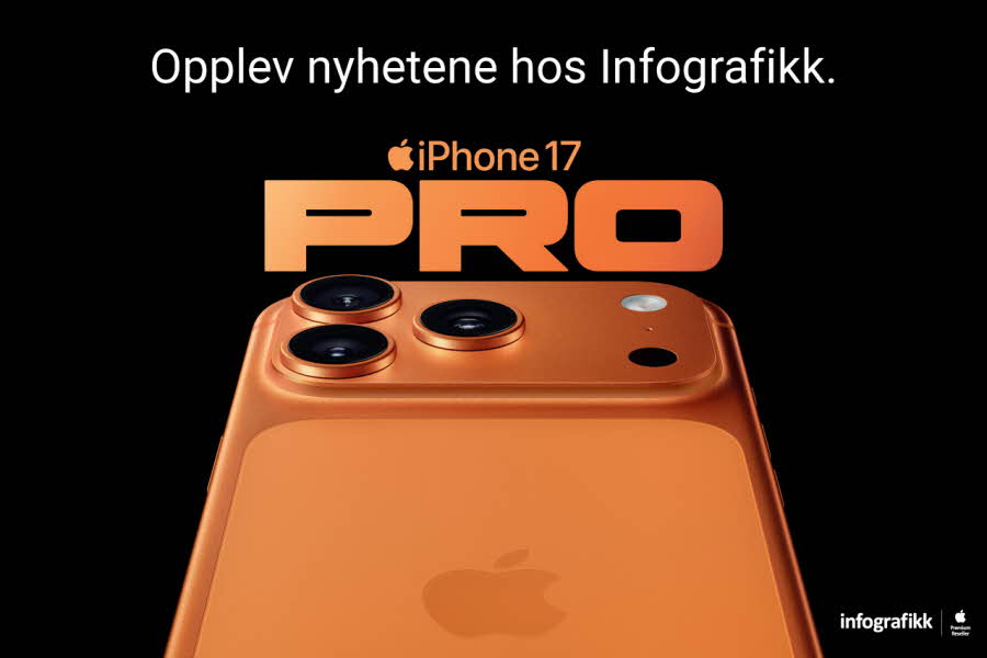 Sort bakgrunn med nye iPhone 17 Pro og teksten "opplev nyhetene hos Infografikk"