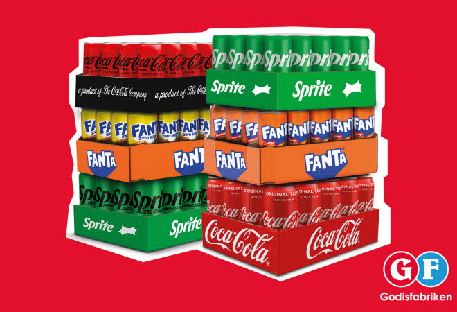 Seks brett med Coca Cola, Fanta og Sprite