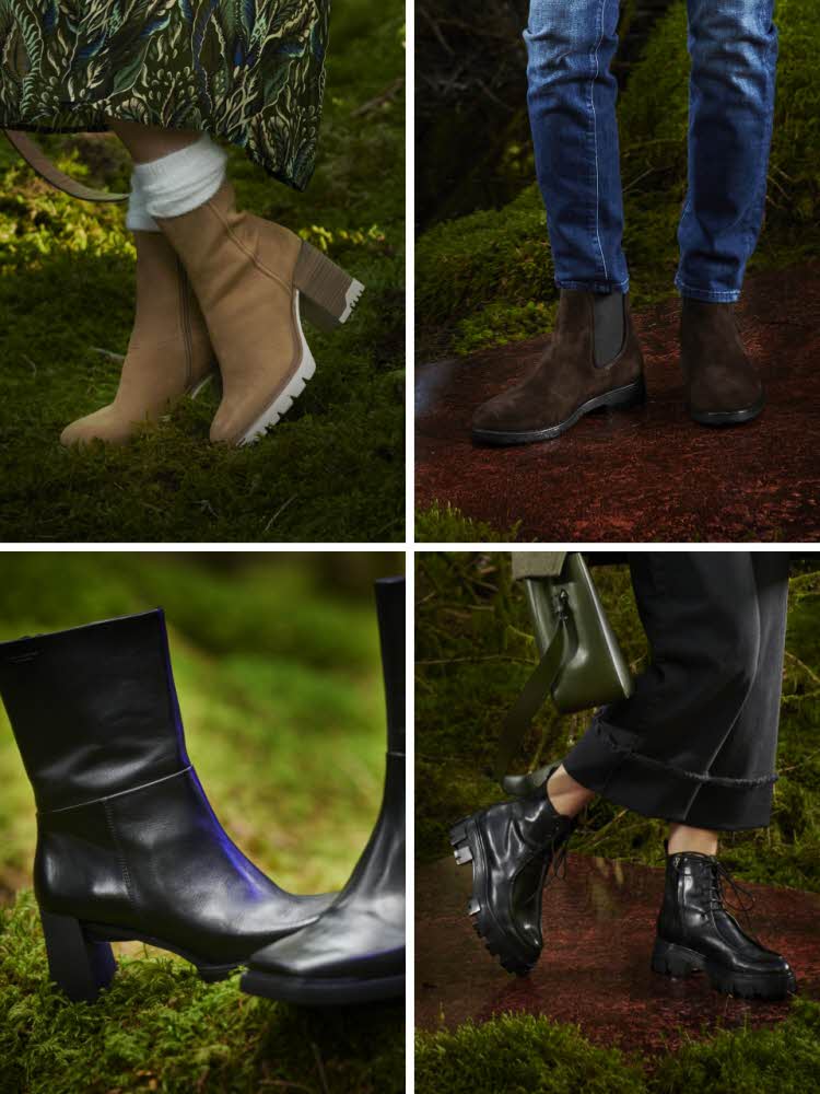 Fire ulike sko på personer i skogen