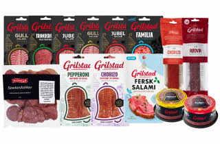 Utvalg av Grilstad kjøttpålegg, inkludert salami, pepperoni, chorizo og smørepålegg.