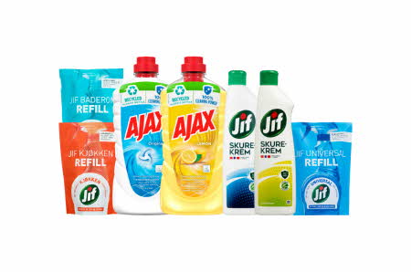 2 flasker universalrengjøring fra Ajax, 2 flasker skurekrem og 3 refill poser fra Jif
