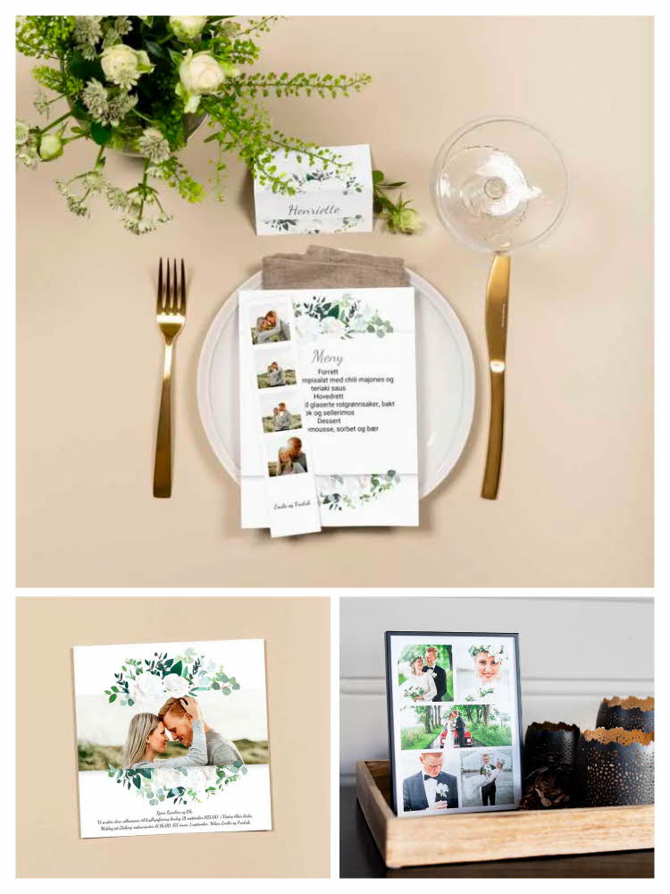 Kuvert med bordkort og meny, invitasjon til bryllup, bilderamme 