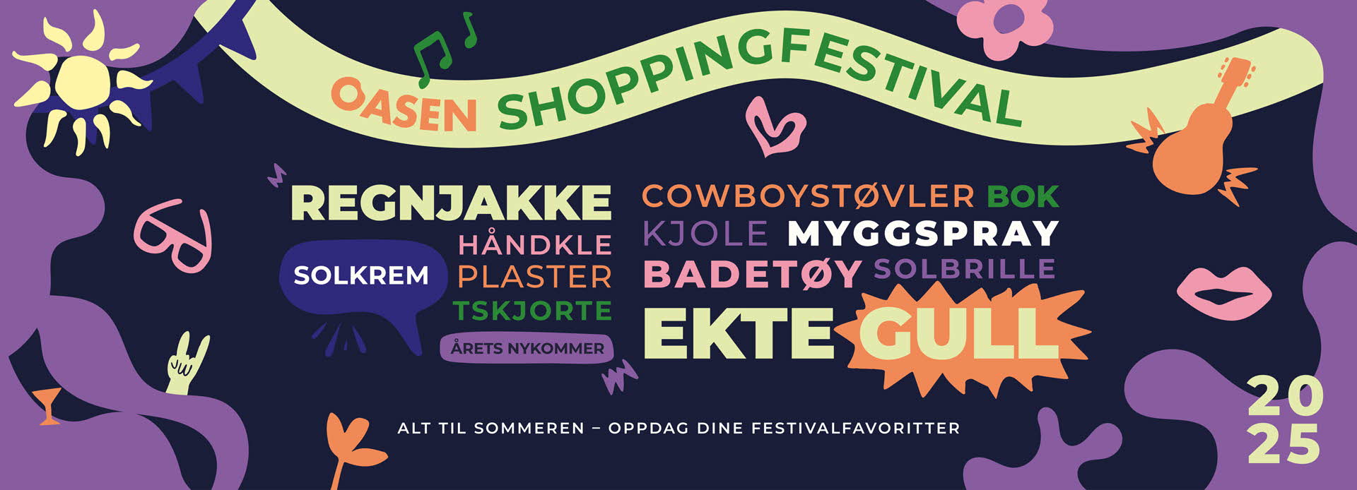 En banner med skrift på hvor det står mange av tingene man kan kjøpe på Oasen storsenter under Oasen shoppingfestival