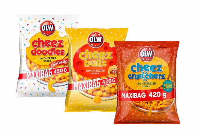 3 varianter av OLW Cheez snacks.