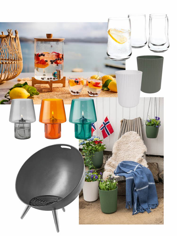 lyslykter i ulike farger, bålpanne, glass, kopper, uteplass pyntet med blomster og flagg