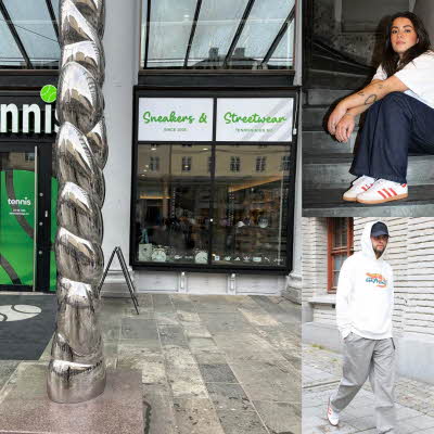 Collage med flere bilder som viser til streetwear, sko og butikk fasade