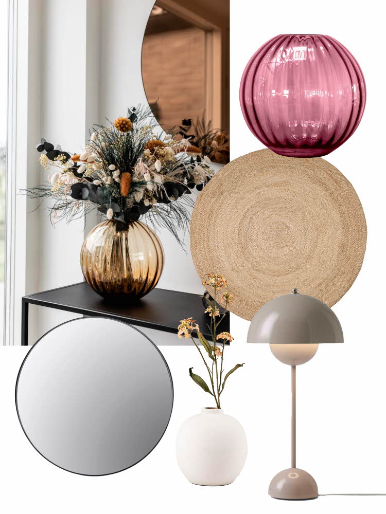 Collage interiør, vase, speil, teppe, vase og lampe