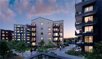 Illustrasjon Skårerløkka PREMIUM, kveld mellom husene og lys i vinduenene
