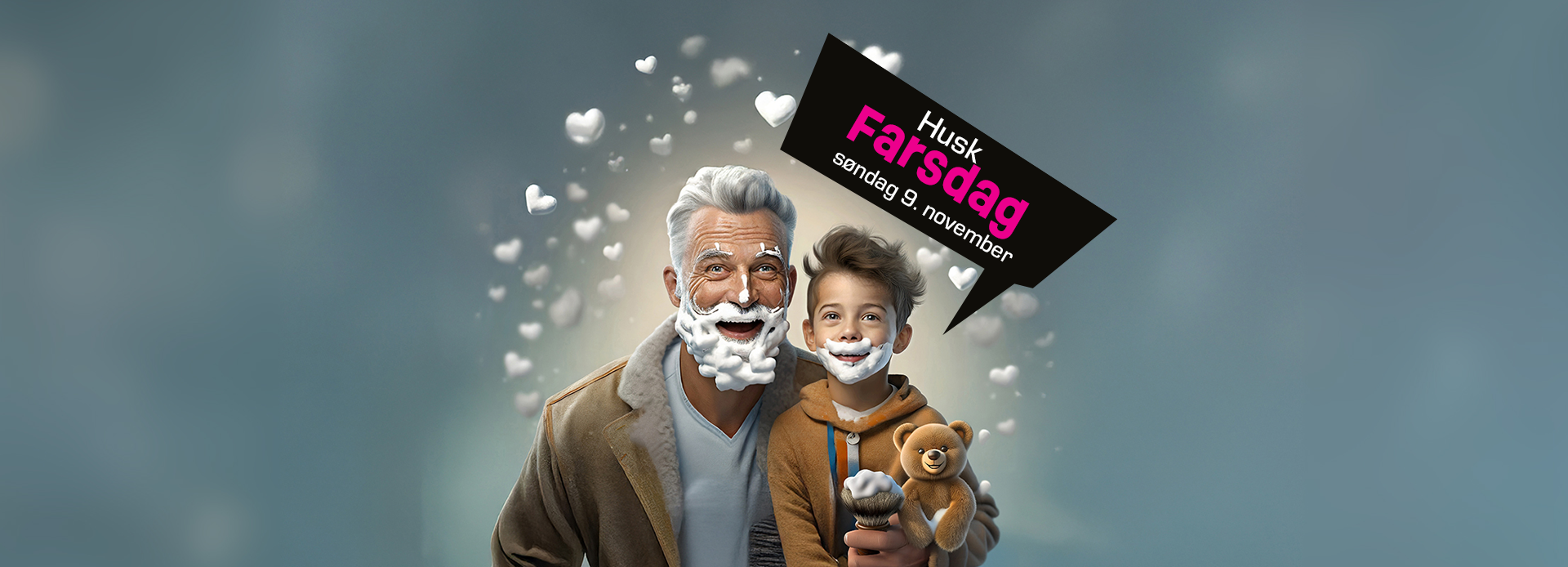 Grafisk bilde med mann og gutt med barberskum som skjegg