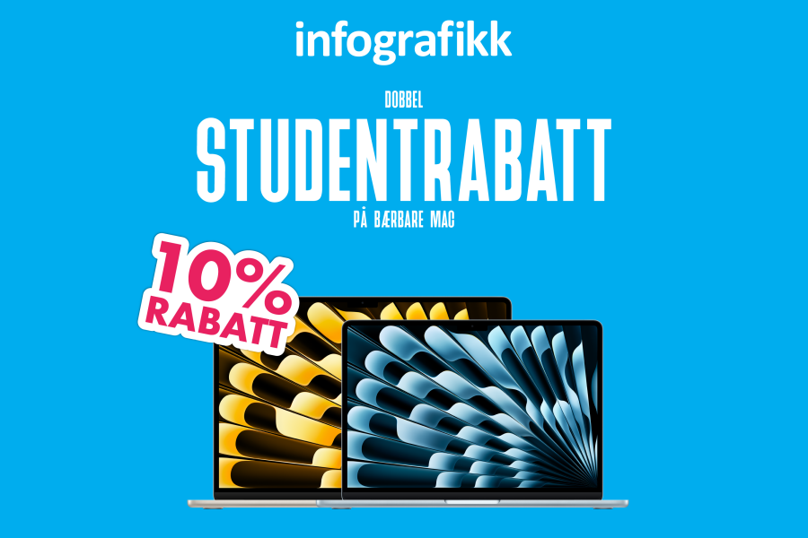 Blå bakgrunn med en bærbar Mac og teksten "studentrabatt 10%"