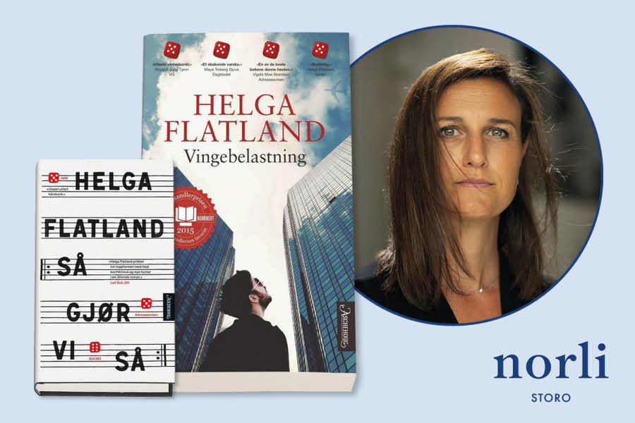 Grafisk bilde med omslaget til bøkene til Helga Flatland og bilde av Helga Flatland