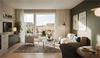 Bilde av en stue og litt av et kjøkken hos boligprosjektet Skårerløkka PREMIUM.