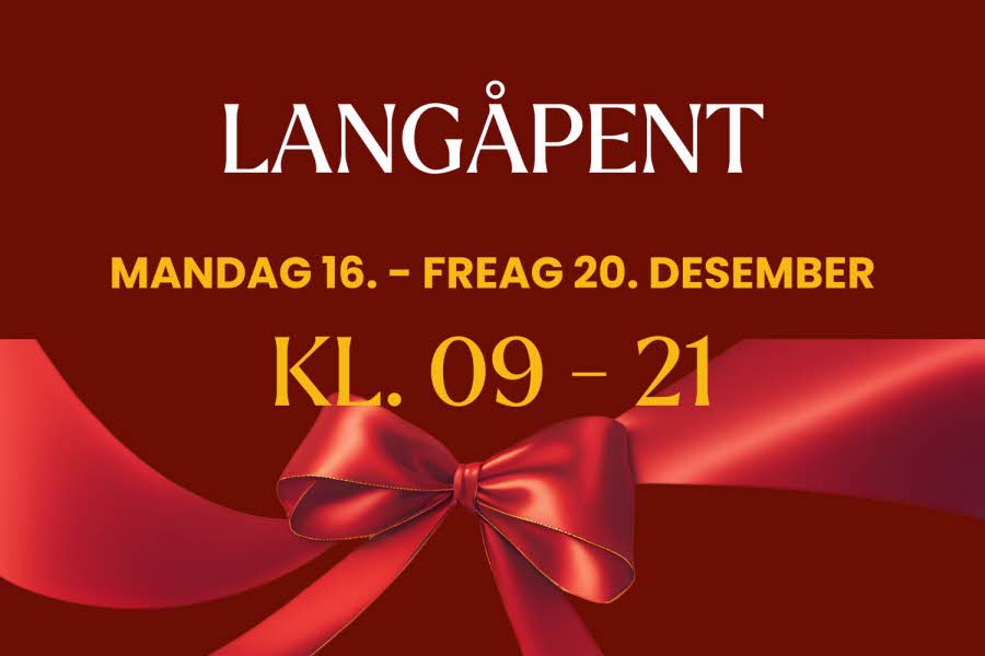 Rød bakgrunn med teksten Langåpent mandag 16. - fredag 20. desember kl. 09 - 21