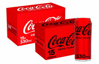 To pakker Coca-Cola og en enkelt boks, en med original smak og en med sukkerfri.