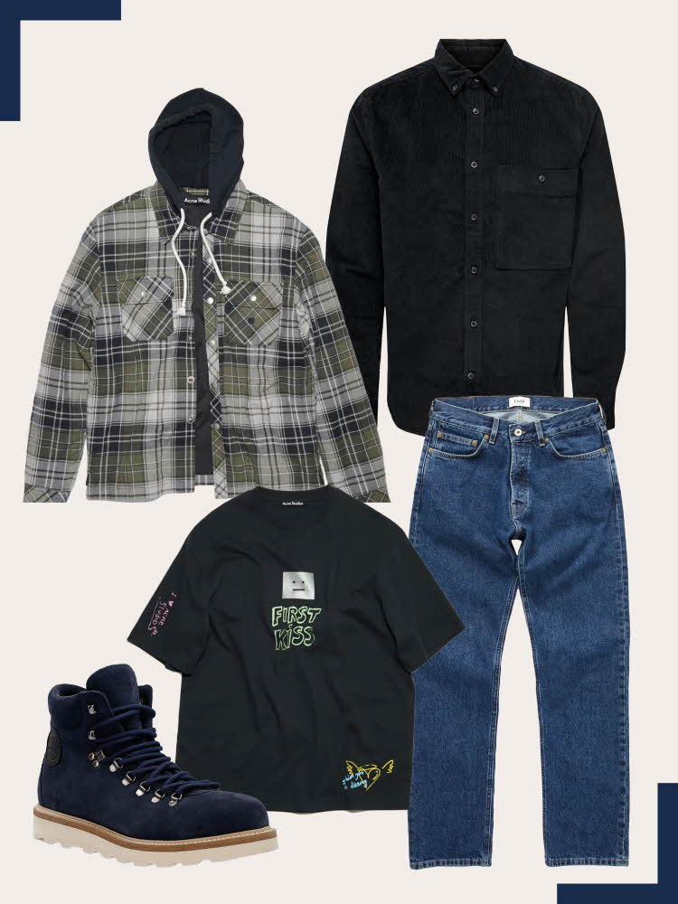 Rutete skjortejakke med hette, sort skjorte, jeans, sort t-skjorte med trykk, mørk blå snøresko.