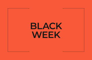 Oransje bakgrunn med teksten "black week" i sort på midten.