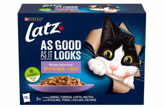 En eske med Latz kattemat i gelé med fire ulike smaker.