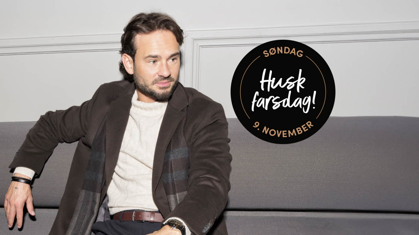 Bilde av mann med teksten "Husk farsdag 9. november"