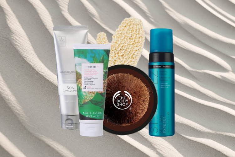 5 produktbilder, hanske, bodylotion og selvbruning